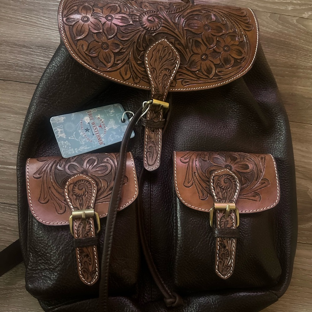 Floral Embossed Leather Backpack